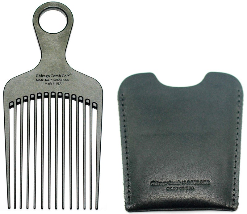 Chicago Comb No. 7 Carbon Fiber + Horween Dublin Black leather sheath, Made in USA, Detangling Pick & Lift Comb, Men & Women, Long, Curly & Thick Hair, Big Beards & Afros, Anti-Static, 6" (15 cm) Long - Image 1